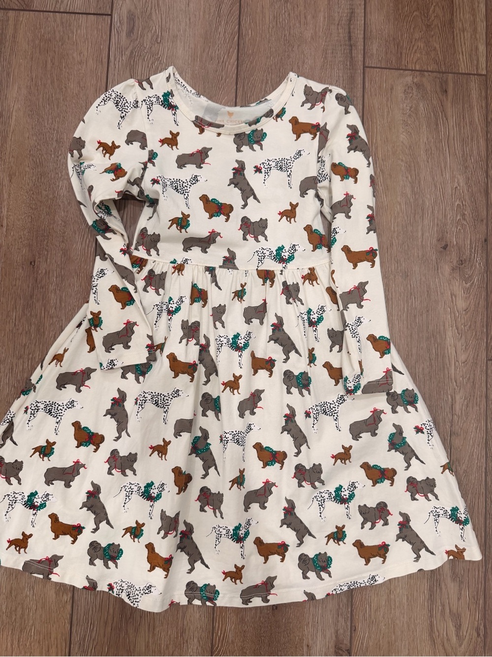 Pink Chicken Cream Long-Sleeve Dress with Playful Dog Print 0234